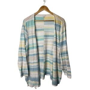 J. Jill Women's 2X Open Front Cardigan 100% Cotton Striped Aqua Yellow Beach